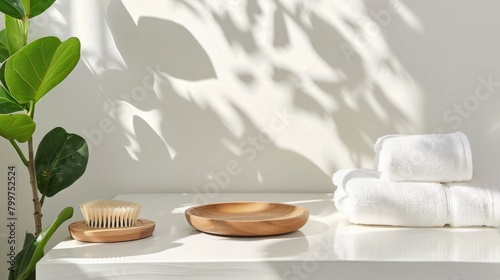 Small wooden plates and towels on the front table of a bathroom with white walls, AI generated image.