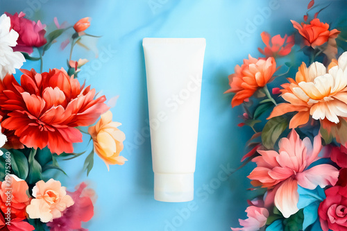 Cosmetic tube, painted pink peonies on blue background. White moisturizing Cream, skincare product blank mockup package. Bottle of moisturizer, sunscreen lotion, balsam, toothpaste, scrub