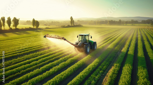 A tractor gracefully moves through a lush field, spraying pesticide to protect crops from harmful pests and diseases