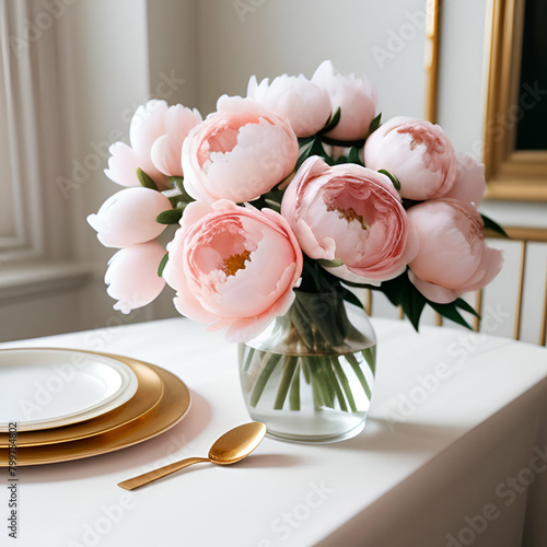 Gold-rimmed glass vase with a bouquet of soft pink peonies, placed on a tea table with golden traits