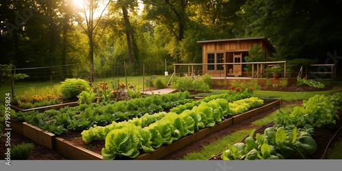  A peaceful outdoor garden with raised beds of herbs and vegetables, ready for mindful gardening and harvesting.