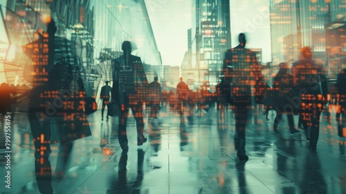 Network and internet communication concept. Silhouettes of business people in abstract city with double exposure of blurry network interface