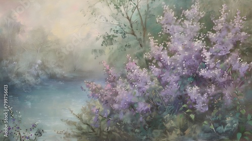 Captivating Lilac Blossoms Drifting Through Tranquil Woodland Landscape in Soft Dreamlike Pastel Tones