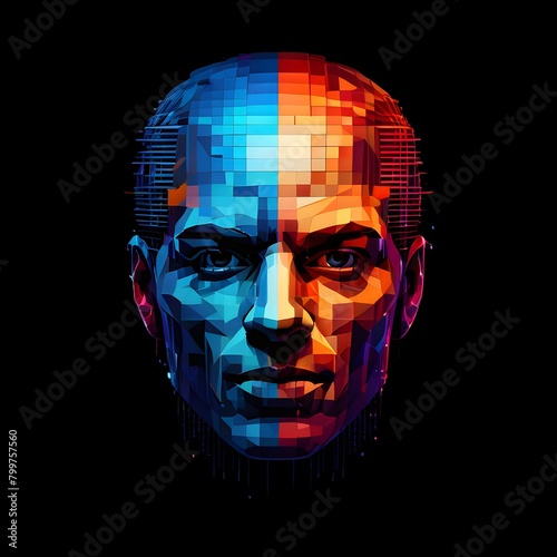 human head digitalised in pixel art style presenting a mosaic of vibrant hues in neon glow
