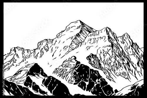 Mountain landscape . Line art. Logo design for use in graphics. T-shirt print, tattoo design. Minimalist illustration for printing on wall decorations. Generated by Ai