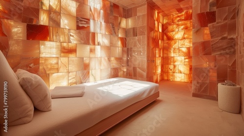 A serene indoor sauna made entirely of Himalayan salt offering skin nourishing benefits and promoting relaxation..