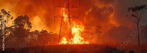 Close to the electricity transmission tower line, a bushfire is raging.