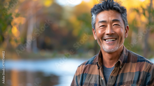 A smiling Asian man of 50 years old on the background of a lake in autumn. the man radiates happiness and optimism.