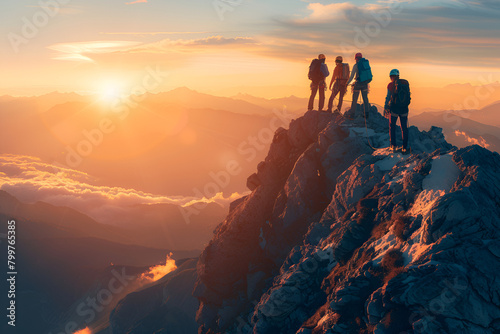 Silhouetted hikers on a mountain ridge at sunset, against a vibrant sky