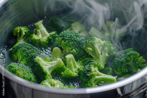 Closeup of pieces of fresh broccoli in pot 
