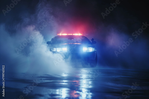 Police cars at night. Police car chasing a car at night with fog background 
