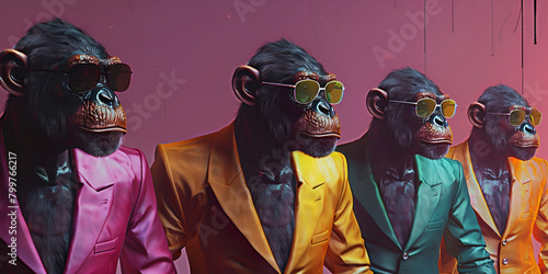 portrait of group of anthropomorphized monkeys wearing sunglasses jackets with wall background 