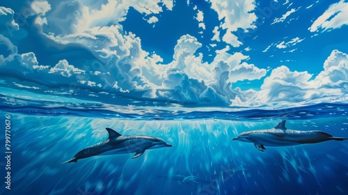 The deep blue ocean mirrors the sky above, punctuated by the graceful arcs of dolphins, bright water color