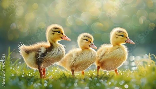 Three fluffy ducklings waddle across a canvas of green, their soft feathers brushing against dewy grass, bright water color