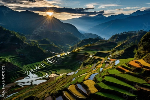 Himalayan mountains landscape with morning sun, rice terraces, and mountain river view