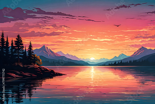 A serene lakeside scene with calm waters reflecting the vibrant colors of the sunset sky and silhouetted mountains in the distance vector art illustration image. 