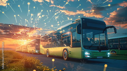 Public transport buses running on clean energy. Generative AI.