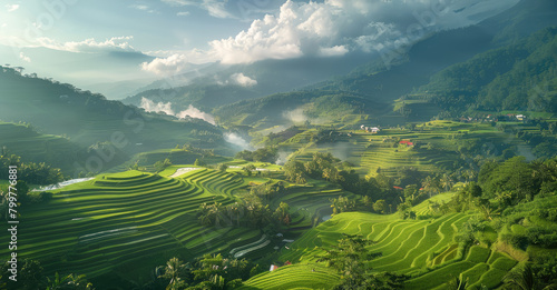Terraced fields, rice paddies. Generative AI.