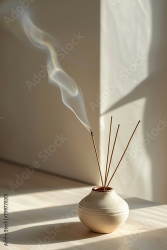 Close view of a minimal incense burner, cream and white palette, gentle morning light, monochromatic charming shiny line rough doodling