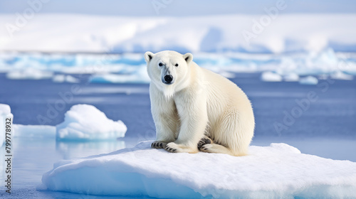 Cute, beautiful polar bear on an ice floe in Antarctica.