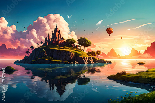 Surreal landscape with floating islands and a dramatic sunset vector art illustration.