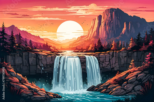 Waterfall cascading down a rocky cliff under a colorful sunset vector art illustration. 