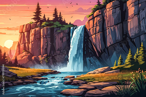 Waterfall cascading down a rocky cliff under a colorful sunset vector art illustration. 