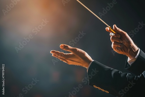 Gesture. Bandmaster. Orchestra conductor's hands holding the baton. Musical performance at concert hall, blurred background. Copy space. Theater. Maestro. Director. Leader. Wand. Choir conductor