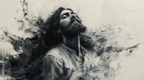 Monochromatic artwork featuring Jesus Christ in worship, with a grayscale watercolor background. The subdued colors evoke a sense of reverence and solemnity. 