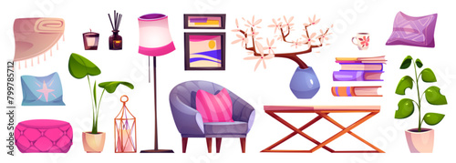 Living room interior furniture and decorative elements - pink ottoman and pillows, armchair and plants in flowerpot, table and lamp, aroma candles and wall pictures. Cartoon vector illustration set.