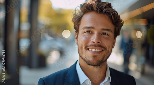 Young businessman smiling at camera. Generative AI.