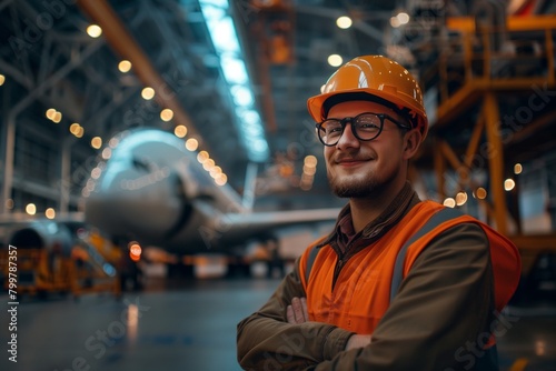 Aircraft Maintenance Mechanic Inspecting and Working on Airplane Jet Engine in Hangar, portrait of a man wearing glasses and a helmet against the background of an airliner