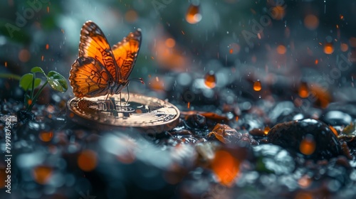 Monarch butterfly resting on a Bitcoin coin among wet pebbles during a rain shower.