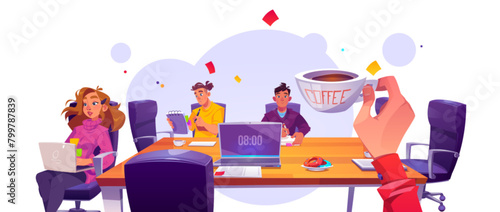 Business office morning with table and team work. Group conference meeting with coffee and laptop. Colleague meet and communication cartoon graphic. Corporate manager on workplace with employee
