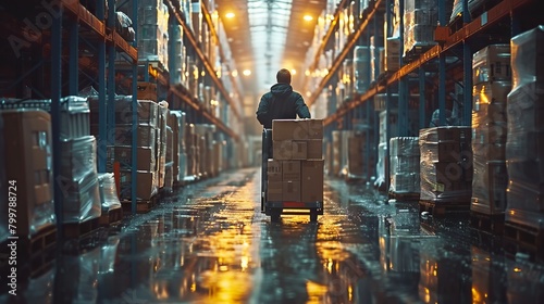 man pushing a hand truck loaded with boxes in a warehouse