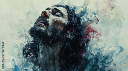 Depiction of Jesus Christ in worship, against a backdrop of muted gray watercolor. The subtle hues create a subdued yet dignified ambiance for the scene.