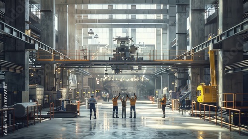An inspiring image of mechanical engineers working together in a heavy industrial setting, celebrating their achievements with enthusiastic applause