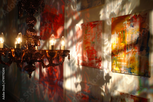 Backlit Italian chandelier in an art gallery casts dramatic shadows on abstract paintings.