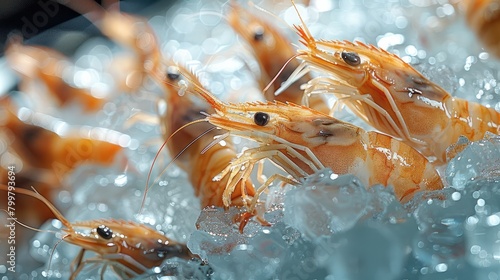 Frozen shrimp on ice. Generative AI.