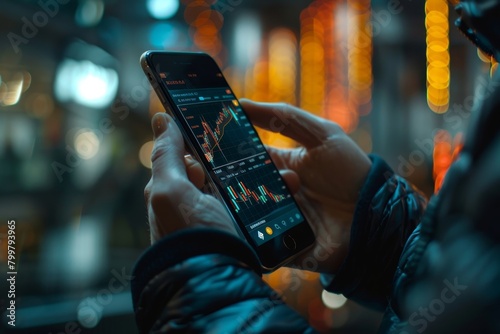 Closeup of Crypto trader investor broker hand holding phone app executing financial stock trade market trading order to buy or sell cryptocurrency shares thinking of investment risks, Generative AI