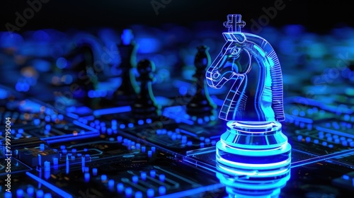 Craft a visually striking composition featuring a neon blue knight chess piece on a digital board. The vibrant neon lighting will enhance the futuristic and technological aspect of the chess piece
