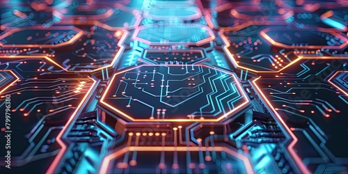 the essence of technological advancement with a super-realistic depiction of a hexagonal circuit board realistic stock photography