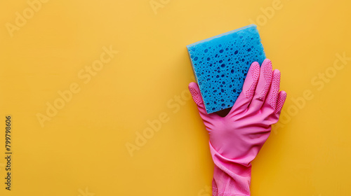 Blue cleaning sponge and hand with pink cleaning glove for household chores and hygiene maintenance, background with copy space on yellow backdrop