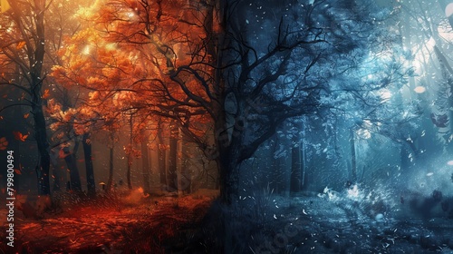 A fantasy depiction of the change of seasons, transitioning from light to dark