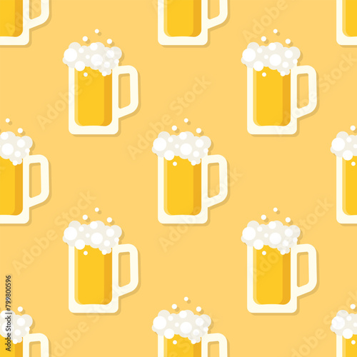 Beer mugs vector seamless pattern. Stylized icons on beige background. Best for textile, wallpapers, wrapping paper, package and bar decoration.