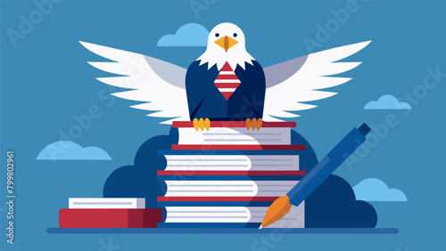 The patriotic image of a bald eagle perched atop a stack of officiallooking papers with a quill pen clutched in its talons.. Vector illustration