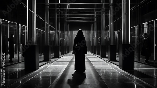 Shadowed Figures Navigate Business Corridor Alone, Person in Tunnel shadowed Silhouette, black and white