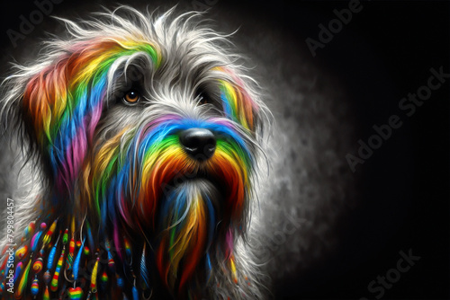 Cartoon Charcoal sketch a long scruffy hair gay pride dog, LGBTQ+ colors flag, Love, freedom, support and rights