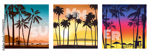 summer sunset on the beach palm trees lifeguard tower umbrellas ocean sea square banners set vector illustration