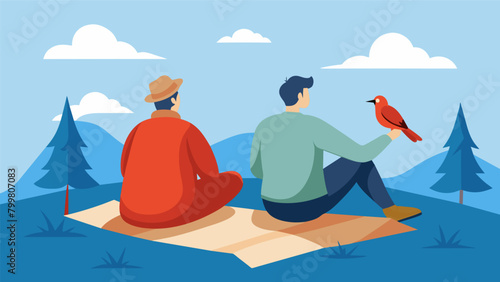 Two birdwatchers taking a break from their search sitting on a blanket while they admire the light blue sky and the red and white feathers of a. Vector illustration